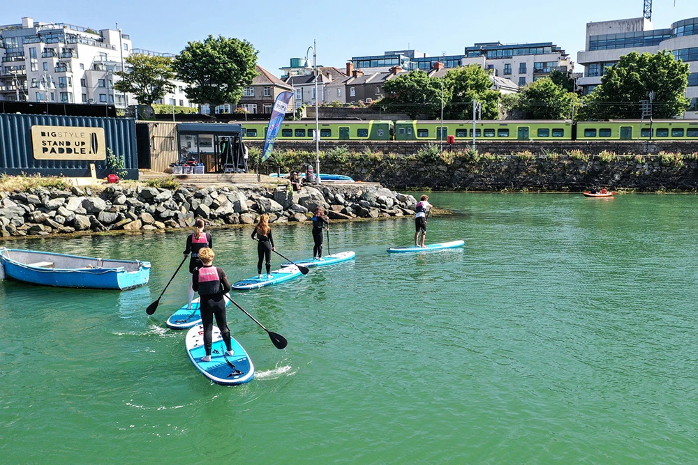 People paddleboarding on a sunny day in a harbour, with a train and urban buildings in the background.
