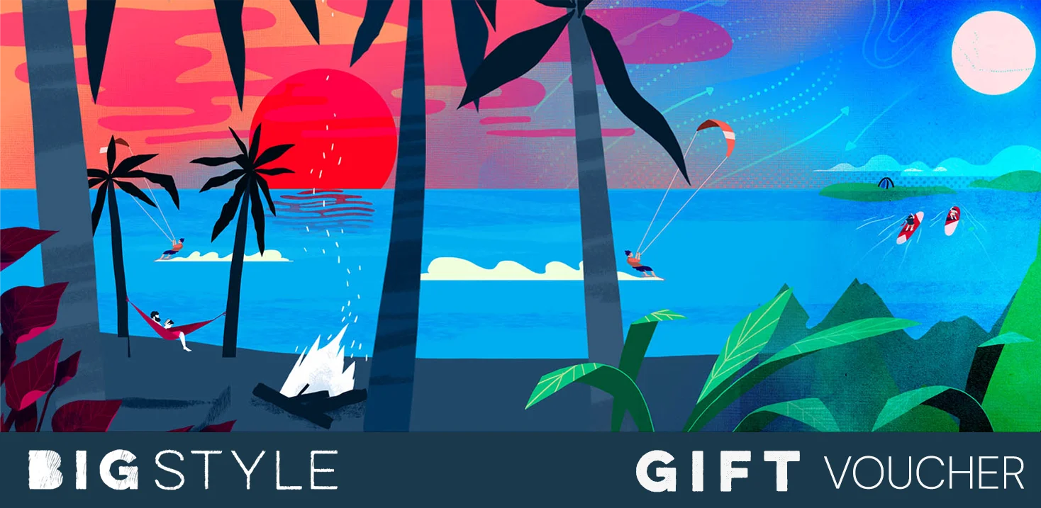 Colourful tropical beach scene with kitesurfers, hammock, palm trees, and ocean sunset. Text: Big Style Gift Voucher.